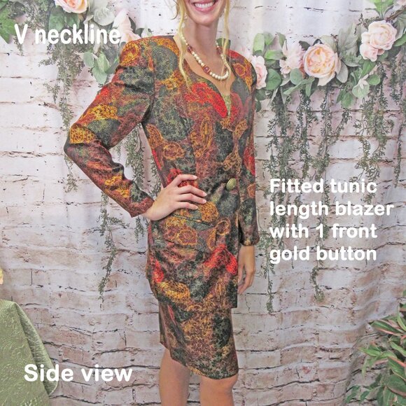 36 bust 2-piece silk suit GILLIAN logo 1980s paper hang tag, Tunic length Blazer - Picture 2 of 11